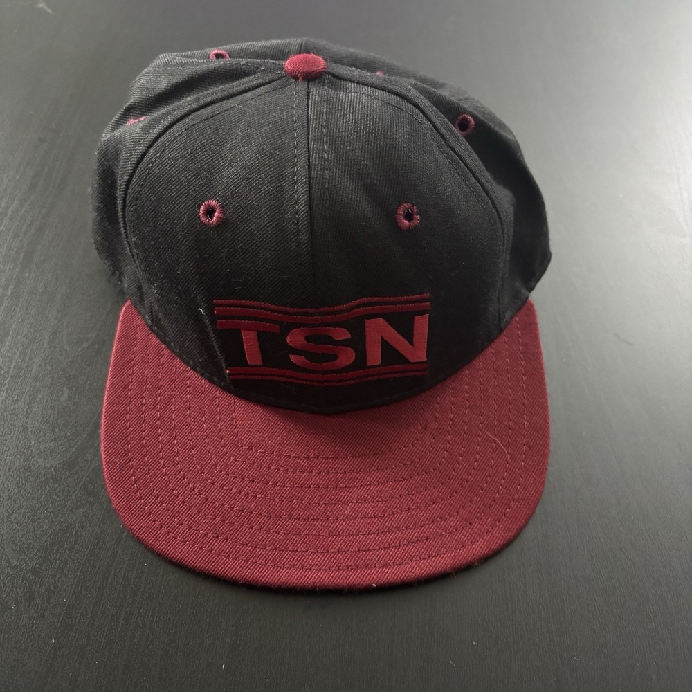 TSN Logo Fitted Hat DeLong Sz 7 USA Made‎ Vintage Embroidered Red Black Hat